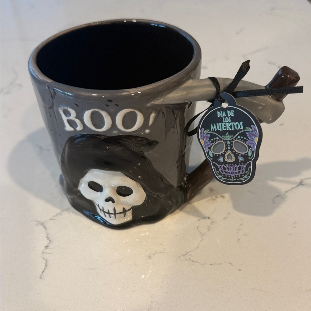 Blue Sky Grim Reaper Mug with Black and White Design